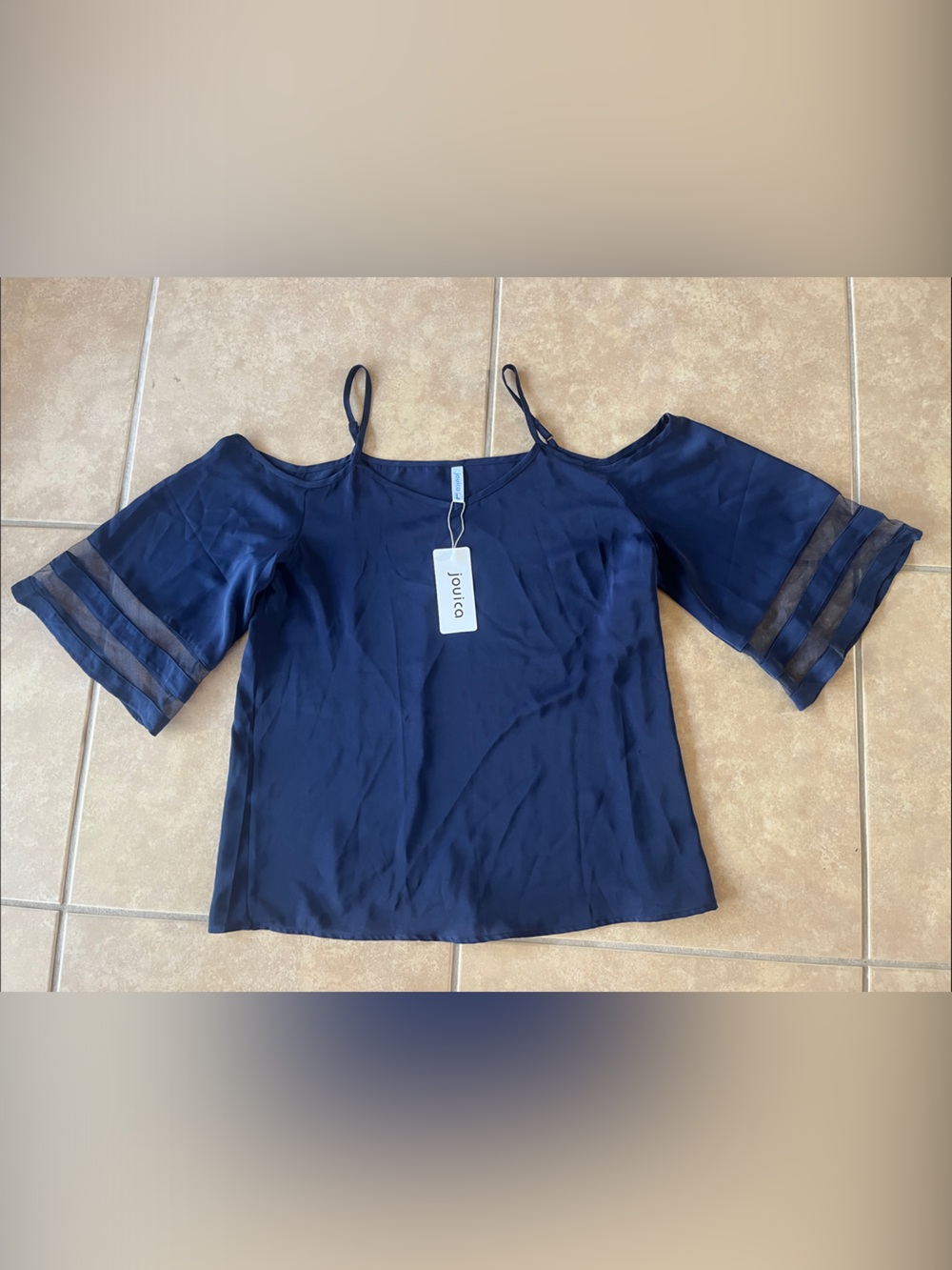JouJou Navy Cold-Shoulder Blouse with Sheer Sleeve Stripes